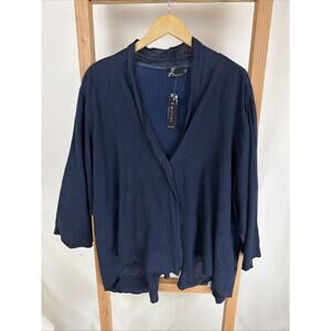 NWT Fenini Navy One Button Pockets Ribbed Open High-Low Jacket #0996 Size XXL